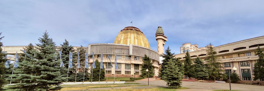 Almaty, Kazakhstan - July 14, 2017: The Almaty palace of schoolchildren was built in the city of Alma-Ata in 1983. Architects V. Kim, A. Zuev, T. Abildaev.
