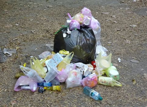 KAOHSIUNG, TAIWAN -- FEBRUARY 9, 2019: A lack of garbage disposal facilities at a public outdoor event results in severe littering and pollution.
