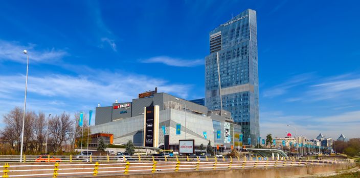 Almaty, Kazakhstan - November 9, 2017: The Ritz-Carlton Hotel and Esentai Mall on Al-Farabi street in Almaty, Kazakhstan. It is a complex of buildings of Business Centre of Esentai Tower.