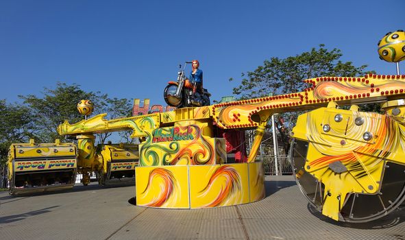 KAOHSIUNG, TAIWAN -- JANUARY 11, 2020: The Hard Rock amusement park thrill ride at a local fun fair
