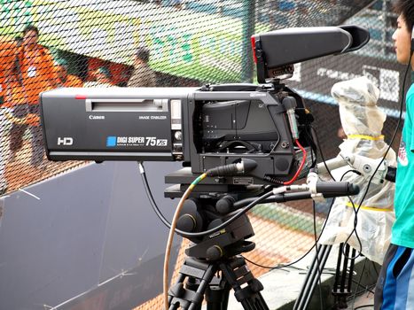 A high definition camera records a sporting event for television
