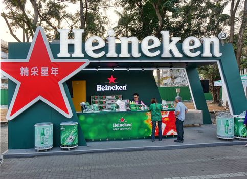 KAOHSIUNG, TAIWAN -- FEBRUARY 19, 2018: A outdoor stall by Heineken beer brewery sells alcoholic beverages during an outdoor event.