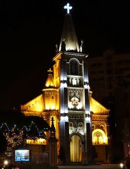 KAOHSIUNG, TAIWAN -- DECEMBER 1, 2018: Night view of the Holy Rosary Cathedral. Built in 1860, it is the oldest Catholic church in Taiwan.