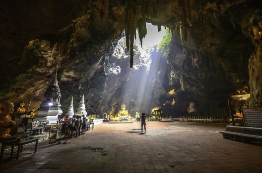 PHETCHABURI THAILAND - 16 JAN : Khao Luang Cave is a limestone cave with a splash of light caused by the creation of nature on 16 Jan , 2019 in Phetchaburi Thailand.