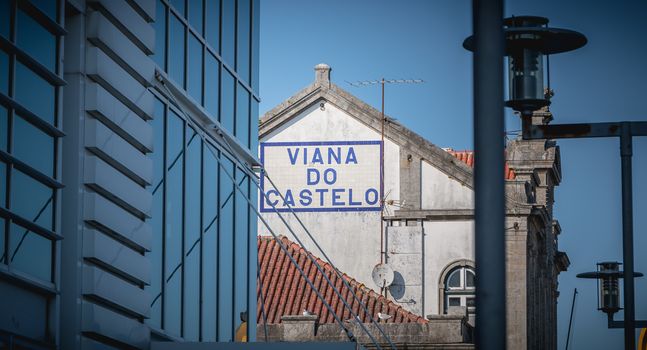 Viana do Castelo, Portugal - May 10, 2018: Architectural detail of the small Viana do Castelo train station on a spring day