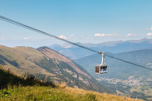 Saint Lary Soulan, France - August 20, 2018: cable car that connects directly the city center of Saint Lary to the station in winter for skiing and in summer for the downhill bike