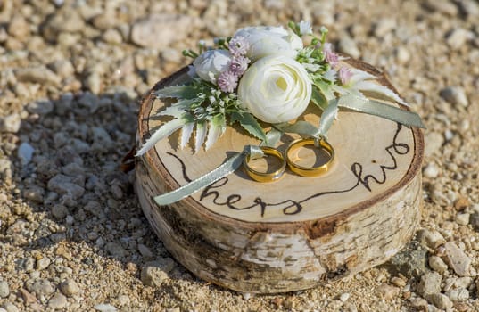 Bride and groom gold wedding ring with decorative wooden block on tropical sandy beach
