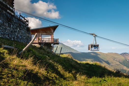 Saint Lary Soulan, France - August 20, 2018: cable car that connects directly the city center of Saint Lary to the station in winter for skiing and in summer for the downhill bike