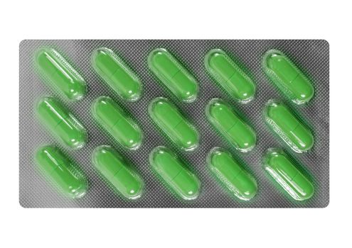 Pack of green vitamins isolated on white background with Clipping Path