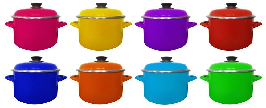 Kitchen colorful saucepans isolated on white background