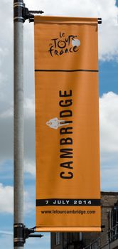 TOUR DE FRANCE, CAMBRIDGE - JULY 7: bannerof le Tour de France Cambridge taken at Tour de France Stage 3 Cambridge to London on July 7, 2014 at St Andrew's Street, Cambridge, Cambridgeshire, UK.