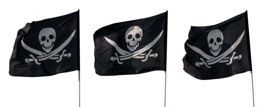 Three pirate flags isolated on white with Clipping path