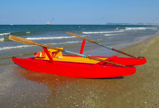 Rescue boat at a beach in Rimini, italy