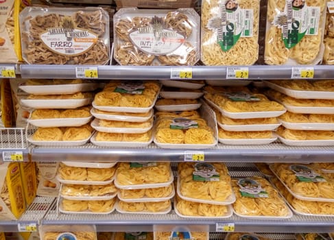 Rimini, Italy - June 22, 2017: Packaging with dry pasta on the market in Rimini, Italy