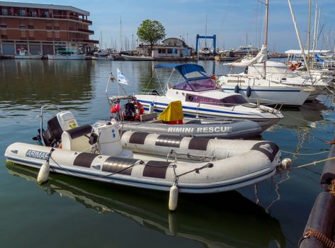 Rimini, Italy - June 25, 2017: Moored rescue boats in Rimini, Italy