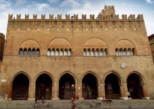 Rimini, Italy - June 14, 2017: The majestic Palazzo dell'Arengo in Piazza Cavour. Built in the XIII century in Romanesque-Gothic style at the behest of the mayor of Rimini, it housed the Council of the Rimini people.