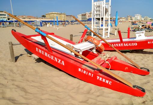 Rimini, Italy - June 23, 2017: Rescue boat at a beach in Rimini, Italy