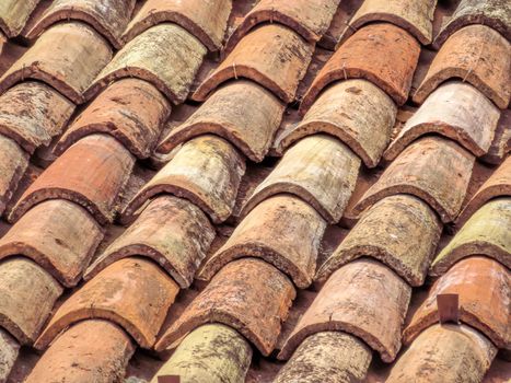 Closeup of old tile roof background in Italy