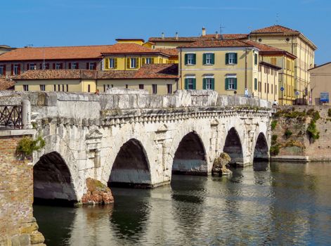 Rimini, Italy - June 21, 2017: Tiberius Bridge in Rimini, one of the most solid architectural structures built by the Romans