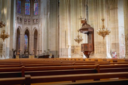 Nantes, France - September 29, 2018: Architecture detail of the interior of Saint Pierre Cathedral in Nantes on a summer day