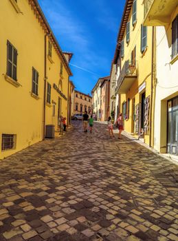 San Leo, Italy - June 18, 2017: Street of the medieval village. The most beautiful small town in Italy.