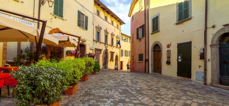 San Leo, Italy - June 18, 2017: Street of old city in San Leo, Italy