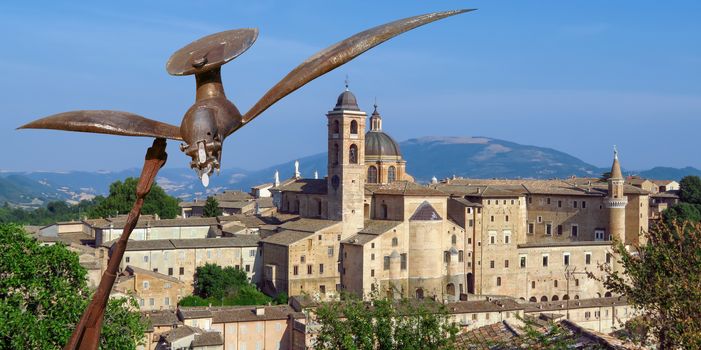 Urbino, Italy - June 24, 2017: Sculpture of an iron bird on Albornoz fortress in Urbino
