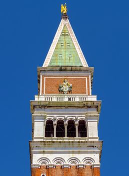 Close up view of St Mark's Campanile in Venice, Italy.