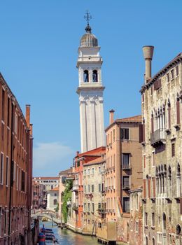 Falling campanile over a Venetian Canal in Venice, Italy