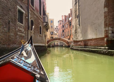 View from water street to old buildings in Venice, Italy