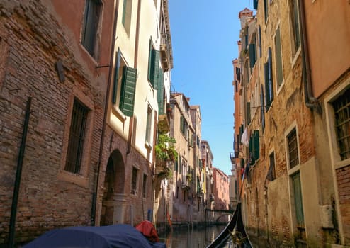 View from water street to old buildings in Venice, Italy