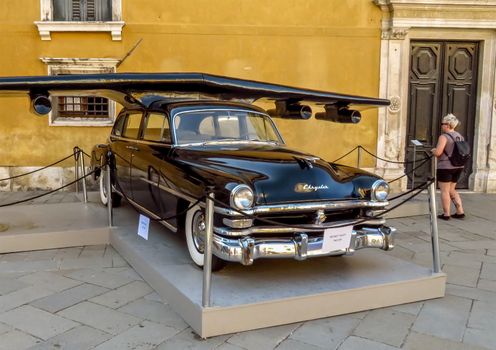 Venice, Italy - June 20, 2017: The sculpture "Chrysler Hybrid" by Esterio Segura is shown at Campo santo Stefano in Venice on the 57th Venice Biennale