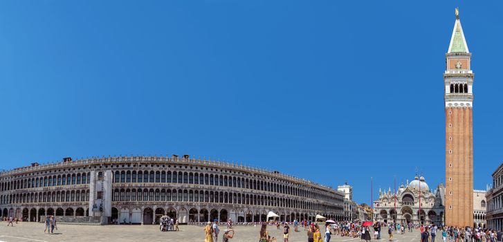 Venice, Italy - June 20, 2017: Panoramic view of a San Marco square in Venice, Italy. Thousands of tourists every month visit St Mark's Square.