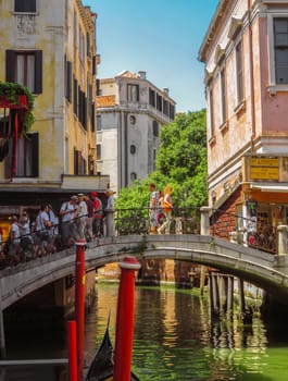 Venice, Italy - June 20, 2017: View from water street to old buildings in Venice, Italy