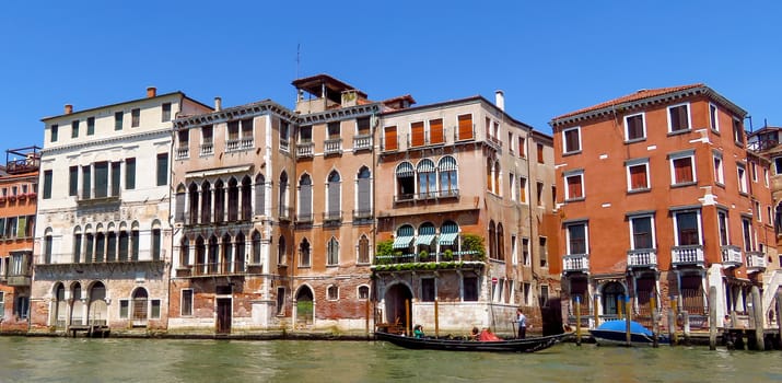 Venice, Italy - June 20, 2017: View from water canal to old buildings in Venice, Italy