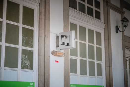 Viana do Castelo, Portugal - May 10, 2018: Architectural detail of the small Viana do Castelo train station on a spring day