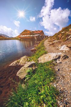 Beautiful volcanic Balea lake at high altitude, on Fagaras mountain, Romania