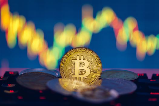 Set of cryptocurrencies with Bitcoin, Etherium, Ripple, Litecoin. Cryptocurrencys new digital money. Bitcoin on the front as the leader. Bitcoin as most important cryptocurrency.