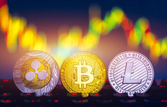 Crypto currency coin set collection, bitcoin, ethereum, litecoin, ripple. Digital currency. Cryptocurrency. Silver and golden coins with bitcoin, ripple, litecoin and ethereum symbol.