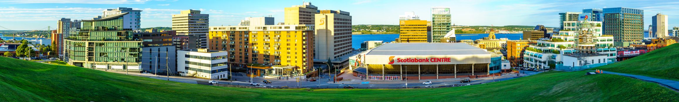 Halifax, Canada - September 22, 2018: Panoramic view of the downtown, with locals and visitors, in Halifax, Nova Scotia, Canada