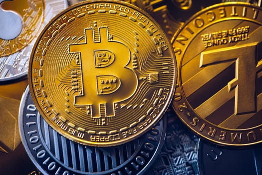 Set of cryptocurrencies with Bitcoin, Etherium, Ripple, Litecoin. Cryptocurrencys new digital money. Bitcoin on the front as the leader. Bitcoin as most important cryptocurrency.