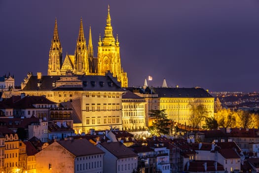 Prague Castle and Lesser Town panorama by night. View from Petrin Hill. Prague, Czech Republic. View of Prague Castle from Strahov monastery at night. Prague, Czech Republic 