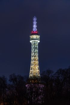 Petrin Lookout Tower in Prague in the night. Prague Lookout Tower on Petrin hill with the night illumination. 