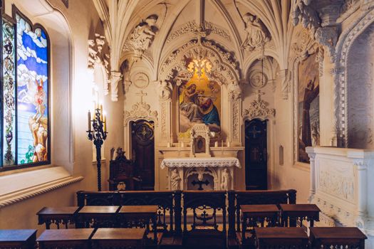 Church or Chapel at Quinta da Regaleira gothic architecture. The view to the Regaleira Chapel in the Quinta da Regaleira estate park. Sintra. Portugal