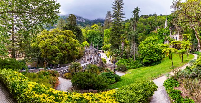 Garden of the Regaleira Palace (Quinta da Regaleira), Sintra, Portugal. Romantic garden at Quinta da Regaleira, Sintra.