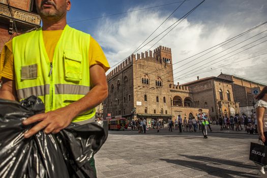 BOLOGNA, ITALY 17 JUNE 2020: Street sweeper in Italy during his work