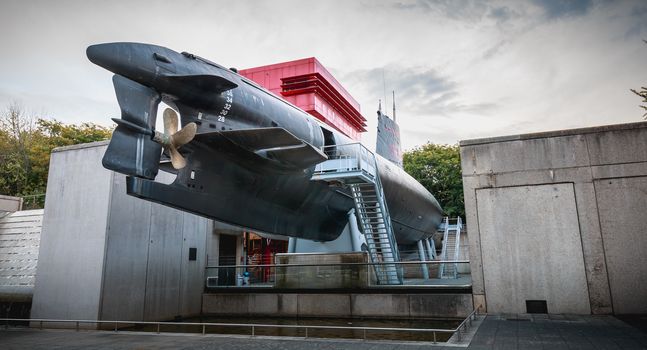 Paris, France - October 6, 2018: exhibition of the Argonaute, French submarine S636 put into service on October 23, 1958 and disarmed on July 31, 1982, opened to the public since 1991 in front of the City of Science and Industry