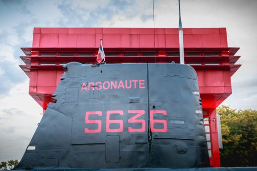 Paris, France - October 6, 2018: exhibition of the Argonaute, French submarine S636 put into service on October 23, 1958 and disarmed on July 31, 1982, opened to the public since 1991 in front of the City of Science and Industry