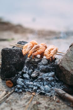 King prawns grilled on charcoal. Food outdoors. Cooking at the stake. Picnic