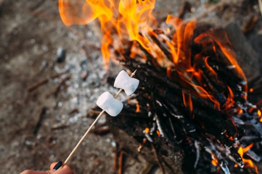 Marshmallow on a stick at the stake. Fried marshmallows. Picnic in the nature. Marshmallows on a background of fire.